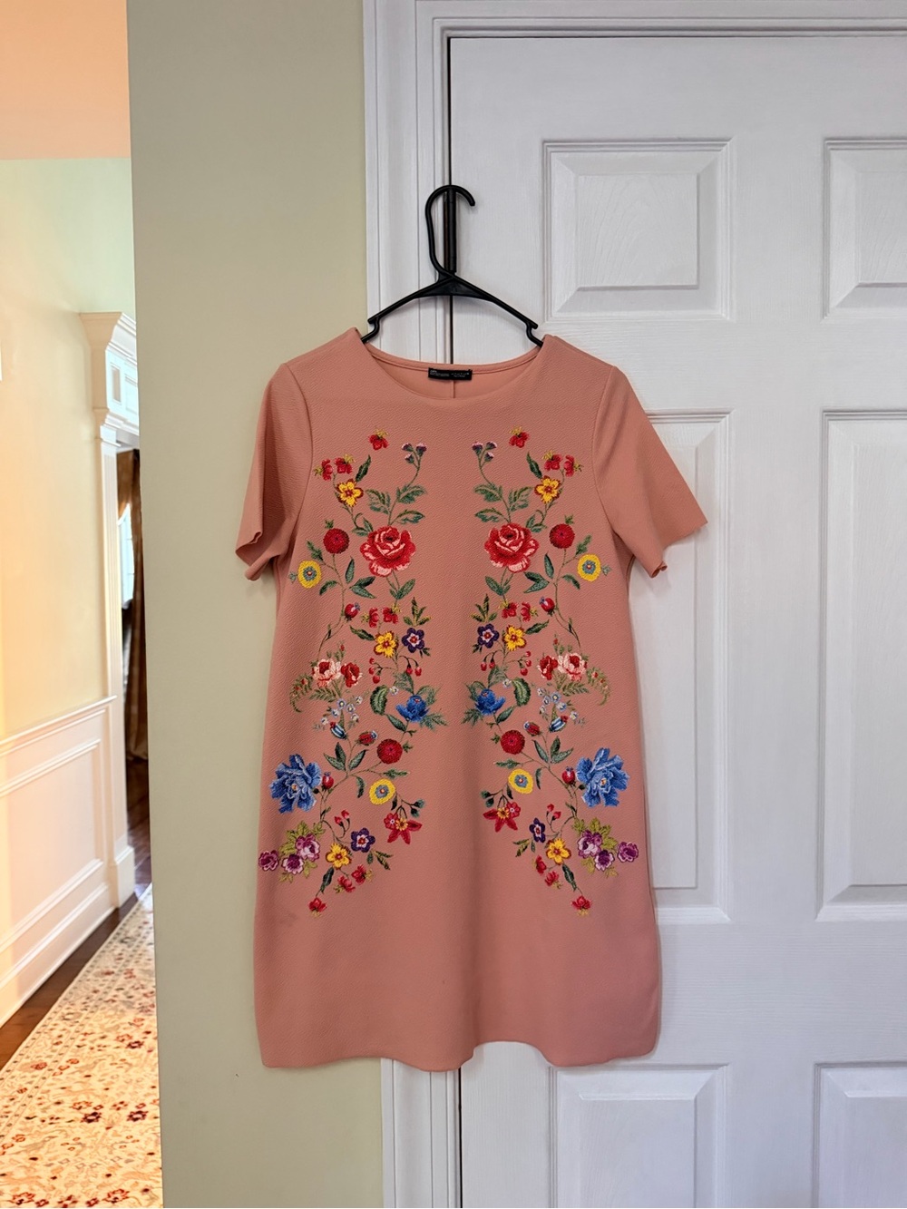 Zara Floral Embroidered Mini Dress in Pink - Size Small